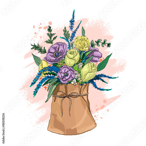A bouquet of flowers in a paper bag. Beautiful hand drawn flowers box. Template for greeting cards and invitations for a holiday wedding. Hand drawn sketch. Vector illustration.