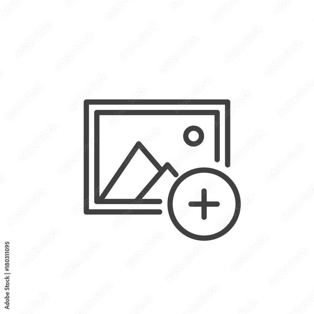 Add image line icon, outline vector sign, linear style pictogram isolated on white. Picture with plus symbol, logo illustration. Editable stroke Add image line icon, outline vector sign, linear style pictogram isolated on white. Picture with plus symbol, logo illustration. Editable stroke