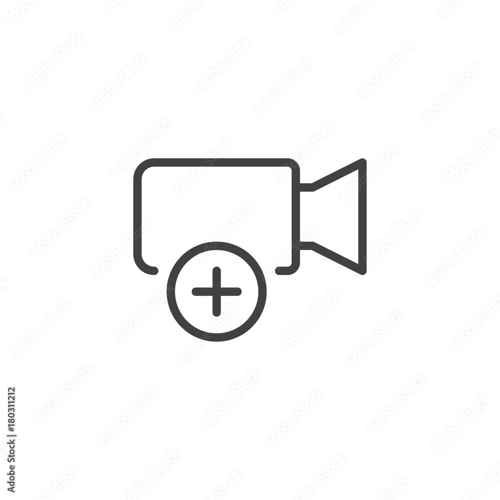 Add video line icon, outline vector sign, linear style pictogram isolated on white. Camera with plus symbol, logo illustration. Editable stroke Add video line icon, outline vector sign, linear style pictogram isolated on white. Camera with plus symbol, logo illustration. Editable stroke