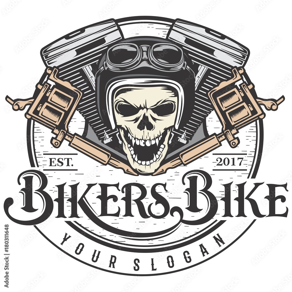 biker skull design with motorcycle engine and tattoo Stock Illustration