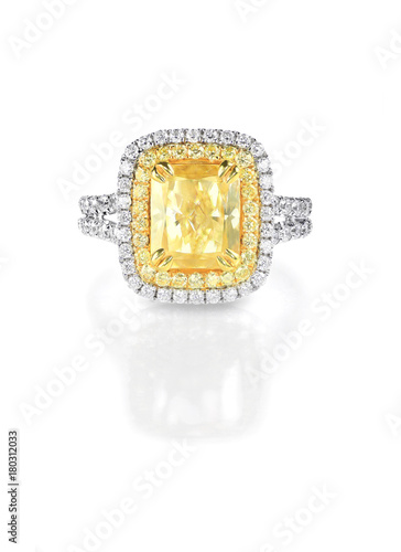 Yellow Canary Diamond Large Engagment Ring in Halo Setting, emerald cushion cut stone with a double halo of diamonds on the side