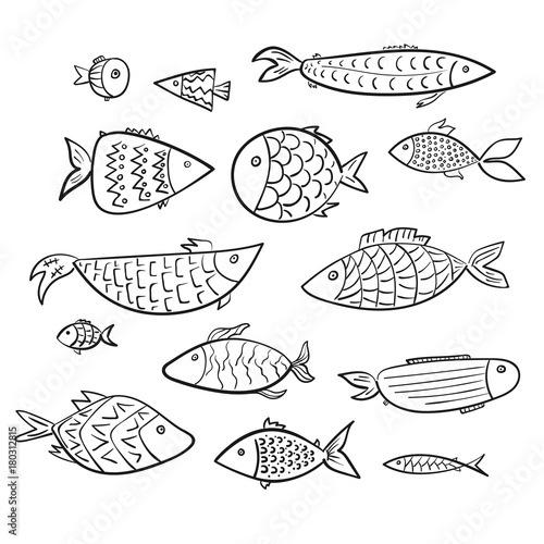 Set of cartoon kids vector outline fishes. Stylized digital hand drawn linear decorated aquarium or river fish for children color book, stickers