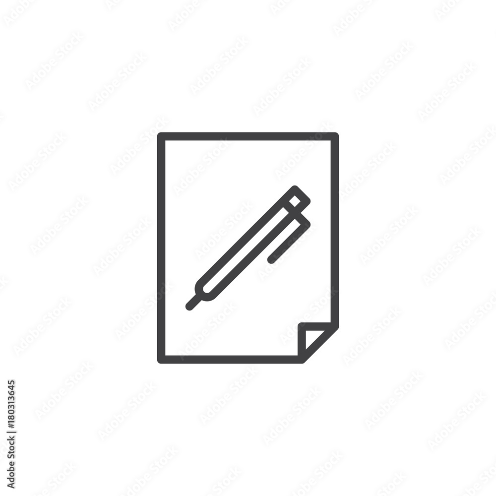 Pen on paper document line icon, outline vector sign, linear style pictogram isolated on white. Blank sheet of paper and a pencil symbol, logo illustration. Editable stroke Pen on paper document line icon, outline vector sign, linear style pictogram isolated on white. Blank sheet of paper and a pencil symbol, logo illustration. Editable stroke