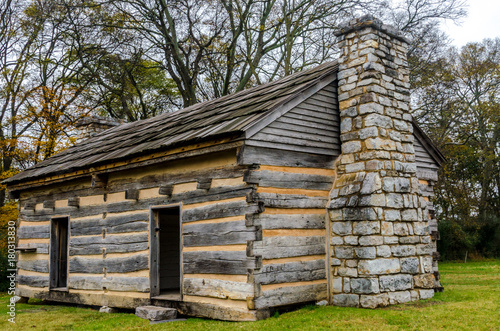 Earth Tones on a Log Cabin with a Stone Chimney © dan