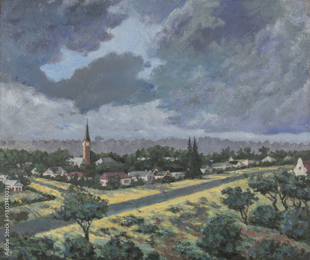 Original oil painting on canvas - Church, NG Kerk Walmer in Port Elizabeth, South Africa and houses painted from a view  opposite Baakens Valley on a cloudy day