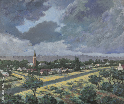 Original oil painting on canvas - Church, NG Kerk Walmer in Port Elizabeth, South Africa and houses painted from a view  opposite Baakens Valley on a cloudy day © Madele
