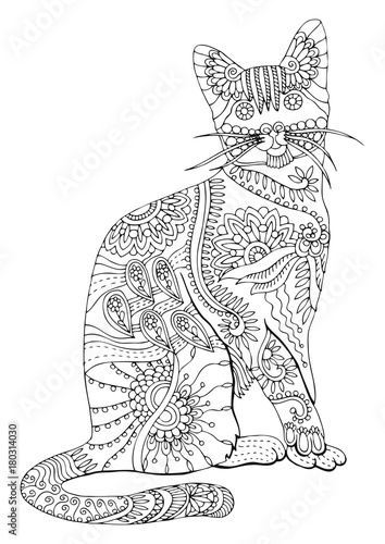 Hand drawn cat. Sketch for anti-stress adult coloring book in zen-tangle style. Vector illustration  for coloring page.
