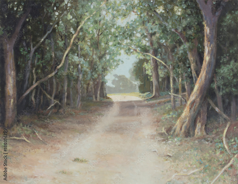 Fototapeta premium Original oil painting on canvas - Lane of sun-dappled tall trees arched in the shade next to country dirt road in South Africa with sunlight in the distance