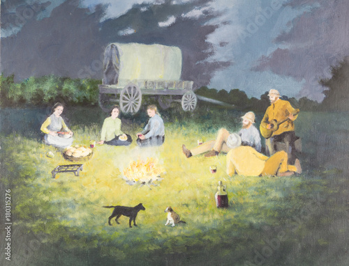 Original oil painting on canvas - Pioneer campfire scene with people preparing food, playig guitar, dogs and covered Western wagon in background