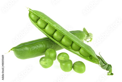 Green peas on white background, closeup