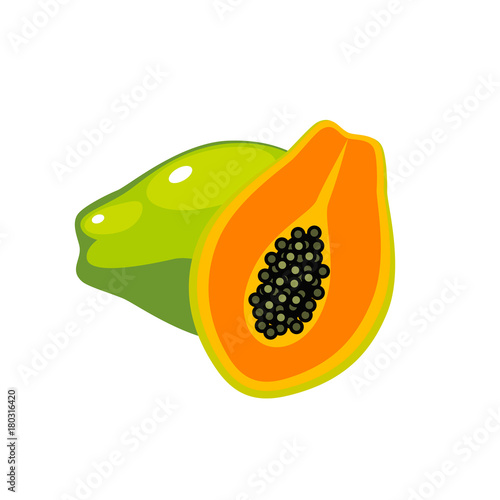 Summer fruits for healthy lifestyle. Papaya, whole fruit and half. Vector illustration cartoon flat icon isolated on white.