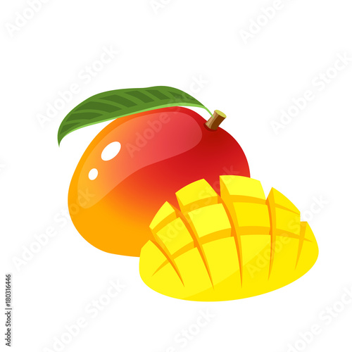 Summer fruits for healthy lifestyle. Mango, whole fruit with leaf and cubic slices. Vector illustration cartoon flat icon isolated on white.