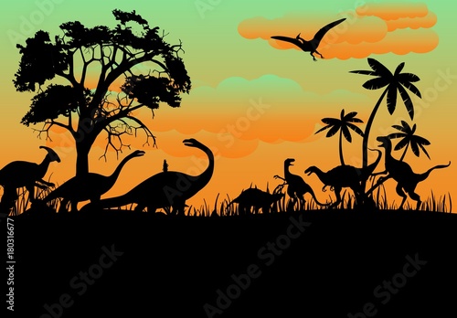 Prehistoric vector landscape with dinosaurs silhouettes