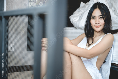 Portrait Asian sexy woman in the bed,Perfect portrait Thailand lady indoors