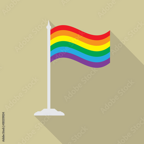 Gay pride LGBT wave flag with flagpole flat icon with long shadow. Vector illustration EPS10 of a rainbow pride flag.