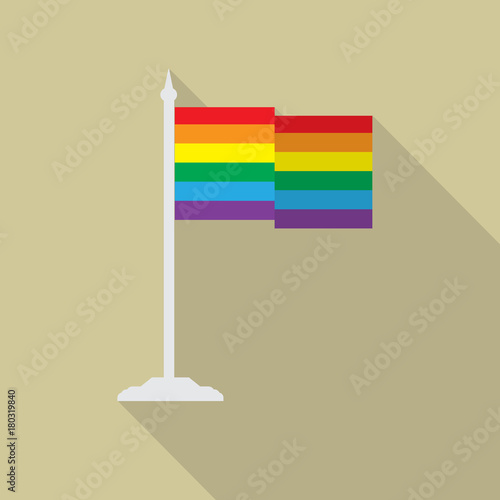 Gay pride LGBT flag with flagpole flat icon with long shadow. Vector illustration EPS10 of a rainbow pride flag.