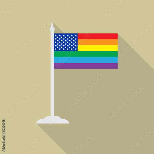 United States gay pride flag with flagpole flat icon with long shadowt. LGBT community flag.