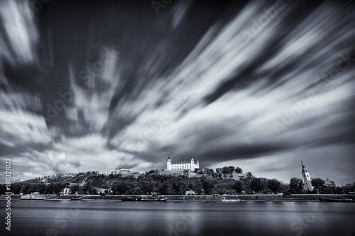 Bratislava Castle & St Martin's cathedral near Danube river with long exposure cloud movement