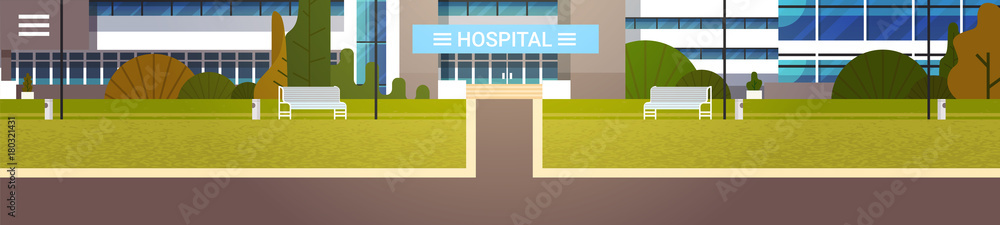 Road To Modern Hospital Building Exterior Clinic View Flat Vector Illustration Road To Modern Hospital Building Exterior Clinic View Flat Vector Illustration