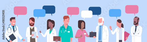 Group Of Medical Doctors Standing Chat Bubble Treatment Social Network Concept Flat Vector Illustration