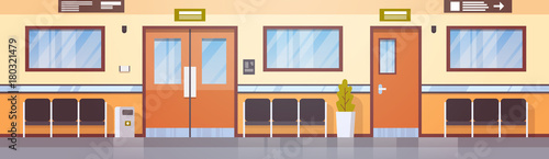 Empty Hospital Corridor Clinic Hallway Interior Horizontal Banner Flat Vector Illustration
