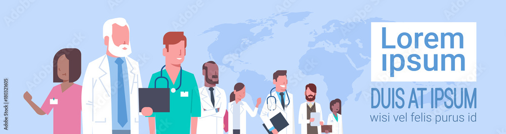 Group Of Medical Doctors Standing Over World Map Treatment Social Network Concept Flat Vector Illustration