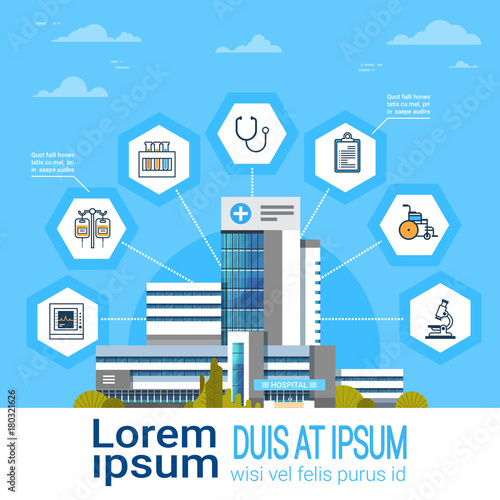 Hospital Application Interface Online Medical Treatment Icons Modern Medicine Concept Banner With Copy Space Flat Vector Illustration