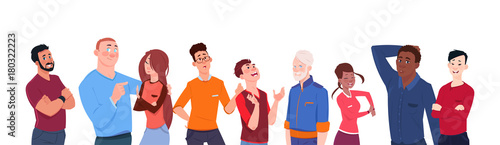 Group Of People Mix Race Cartoon Of Different Age Isolated On White Background Horizontal Banner Diverse Modern Men And Women Flat Vector Illustration