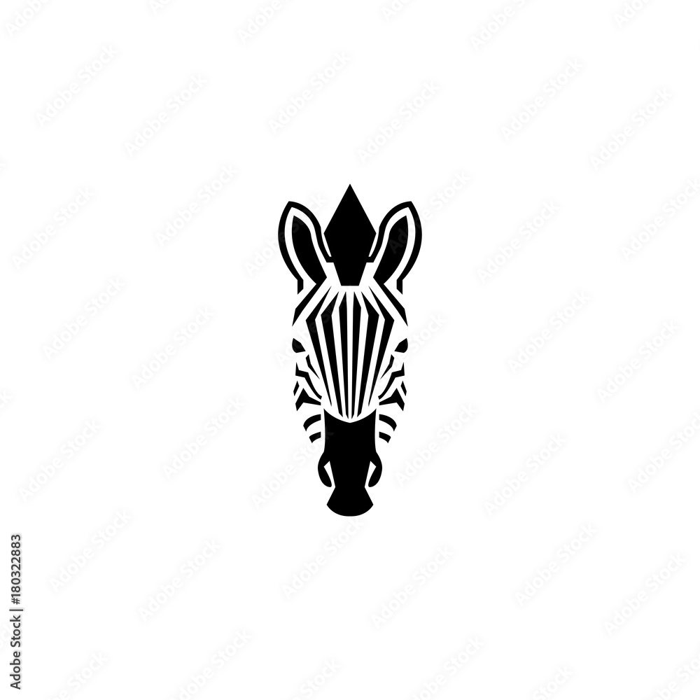 Zebra head logo negative space style illustration. Front view silhouette african zebra portrait striped black and white skin typography design element.