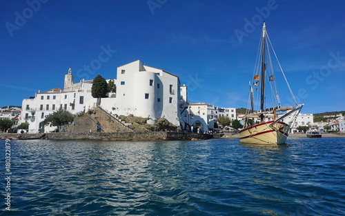 Spain coastal village of Cadaques with a traditional boat  Mediterranean sea  Costa Brava  Catalonia