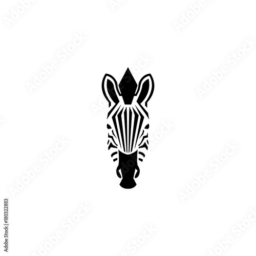 Zebra head logo negative space style illustration. Front view silhouette african zebra portrait striped black and white skin typography design element.