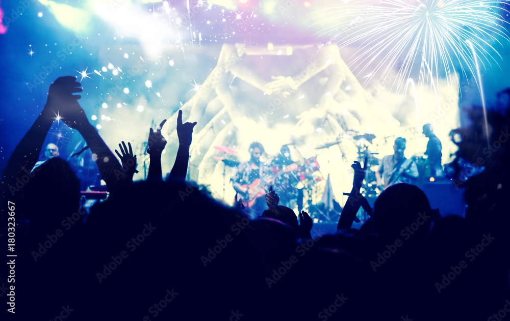 new Year concept - cheering crowd and fireworks new Year concept - cheering crowd and fireworks