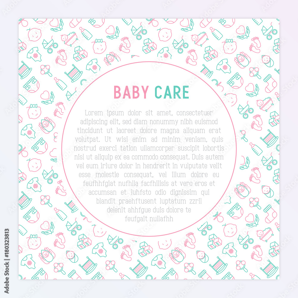 Baby care concept with thin line icons: newborn, diaper, pacifier, crib, footprints, bathtub with bubbles. Vector illustration for banner, web page, print media with place for text. Baby care concept with thin line icons: newborn, diaper, pacifier, crib, footprints, bathtub with bubbles. Vector illustration for banner, web page, print media with place for text.