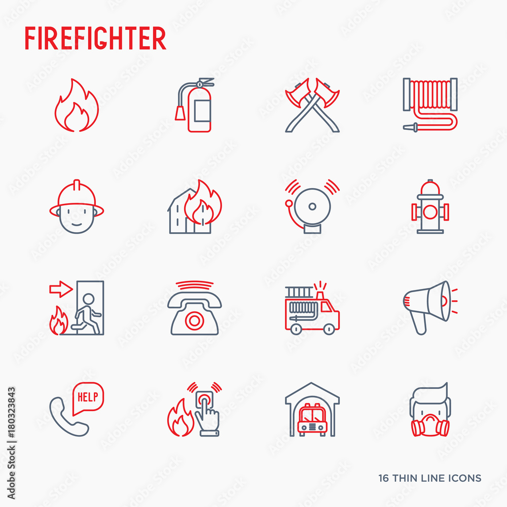 Naklejka premium Firefighter thin line icons set: fire, extinguisher, axes, hose, hydrant. Modern vector illustration.