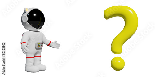 astronaut, 3d cartoon character person in front of a yellow question mark (3d illustration isolated on white background)
