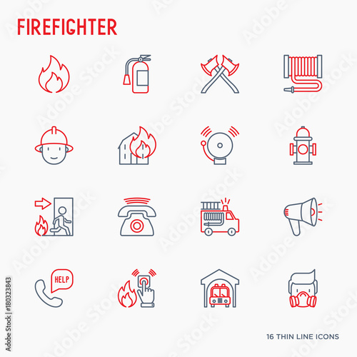 Firefighter thin line icons set: fire, extinguisher, axes, hose, hydrant. Modern vector illustration. photo