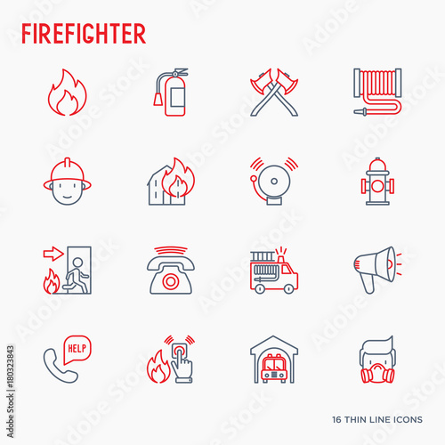 Firefighter thin line icons set: fire, extinguisher, axes, hose, hydrant. Modern vector illustration.