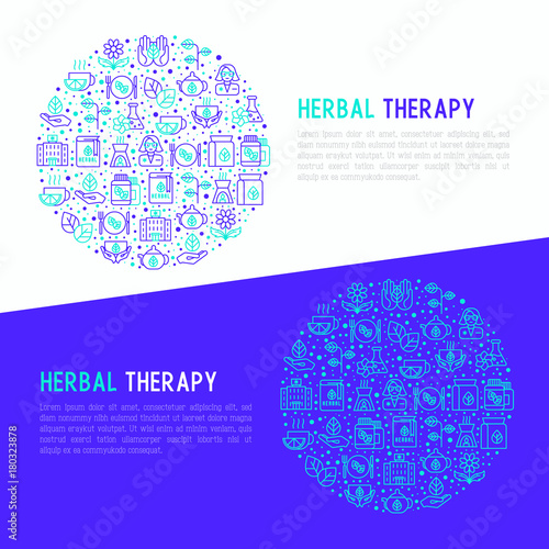 Herbal therapy concept in circle with thin line icons: herbalist, decoction, aromatic oil, oil burner, tea. Vector illustration for banner, web page, print media.