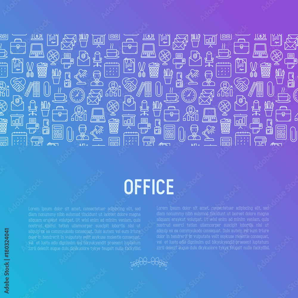 Office concept with thin line icons of manager, coffee machine, chair, career growth, e-mail, folders, watercooler, lamp. Vector illustration for banner, web page, print media. Office concept with thin line icons of manager, coffee machine, chair, career growth, e-mail, folders, watercooler, lamp. Vector illustration for banner, web page, print media.