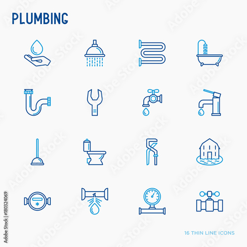 Plumbing thin line icons set of bathtub, shower, pipe, wrench, drop, leakage, meter, plunger. Modern vector illustration.