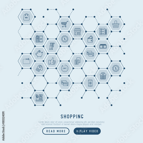 Shopping concept in honeycombs with thin line icons: jcashbox, payment, pos terminal, piggy bank, sale, currency, credit card, trolley. Vector illustration for banner, print media.