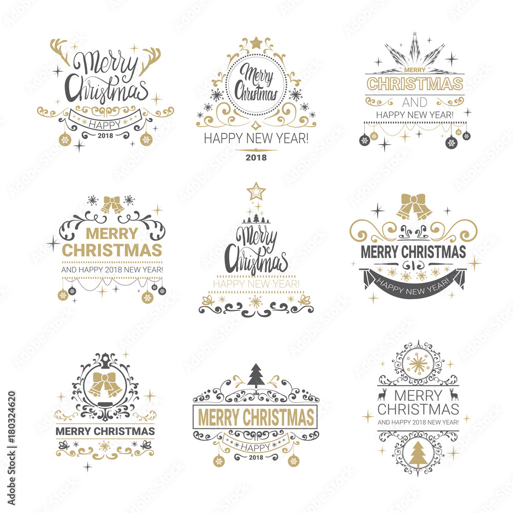 Set Of Golden Calligraphic Lettering Icons Christmas And New Year Logos Collection Isolated On White Background Vector Illustraion - obrazy, fototapety, plakaty 