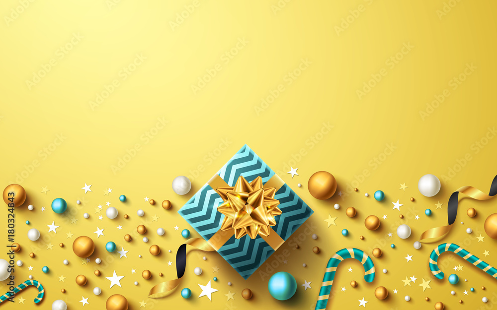 Christmas and New Years Golden background with gift box,ribbon and christmas decoration elements.Vector illustration