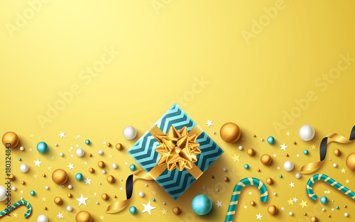 Christmas and New Years Golden background with gift box,ribbon and christmas decoration elements.Vector illustration