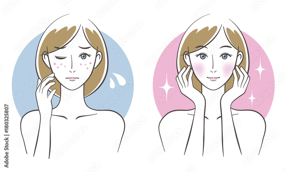 Woman skincare before after concept. Vector illustration.