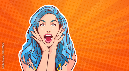 Excited Woman With Blue Hair And Open Mouth Pop Art Style On Colorful Retro Background Vector Illustration