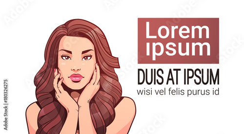 Portrait Of Beautiful Woman Face With Long Brown Hair Isolated On White Background With Copy Space Vector Illustration