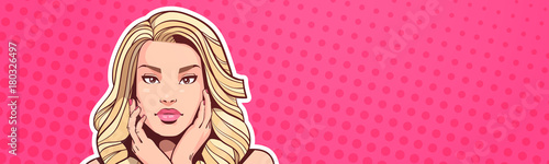 Portrait Of Beautiful Blonde Woman In Pop Art Style Female Over Colorful Dot Background Horizontal Banner Vector Illustration