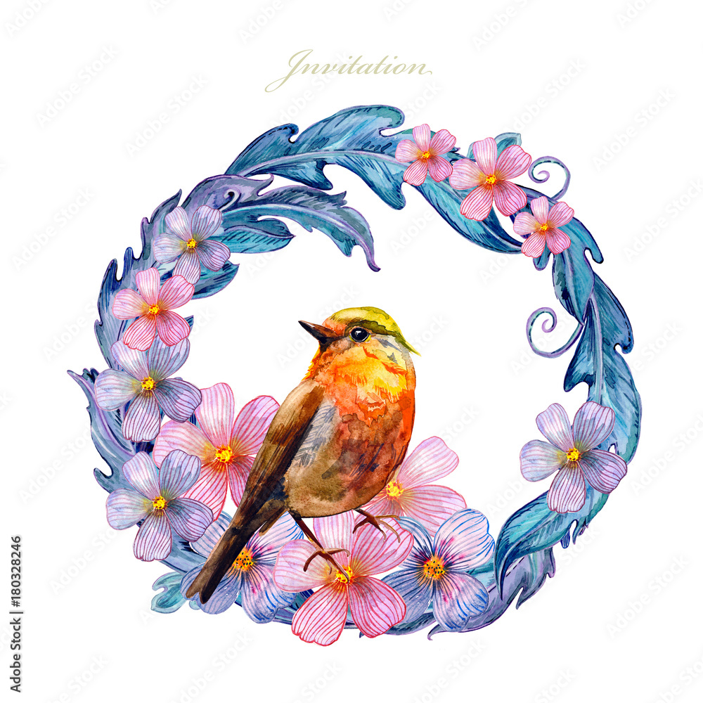 colorful floral vignette with lovely bird. watercolor painting