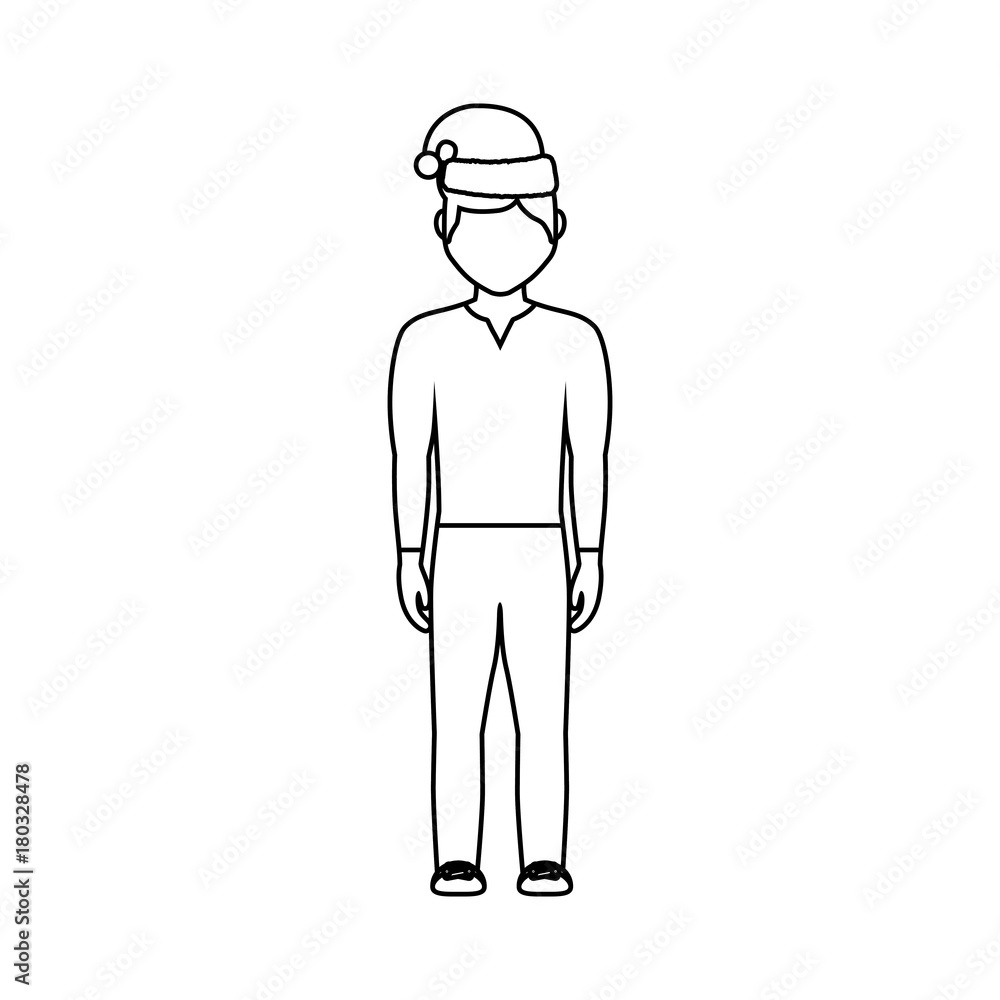 Obraz premium flat line uncolored man with santa hat over white background vector illustration